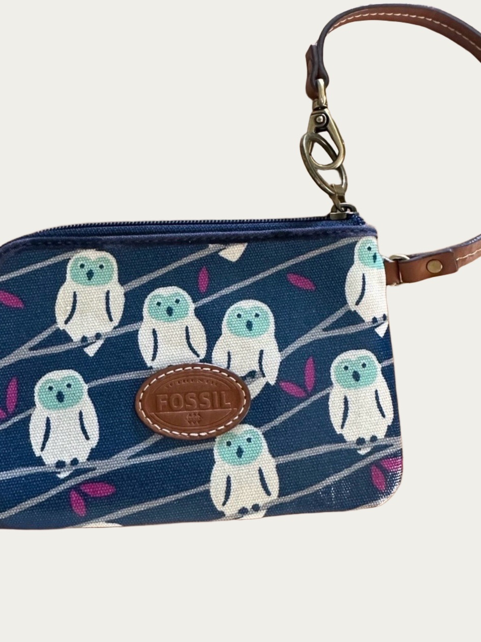 Fossil Snow Owl Whimsy Fairycore Half Zip Pvc Coated Canvas Wristlet Wallet